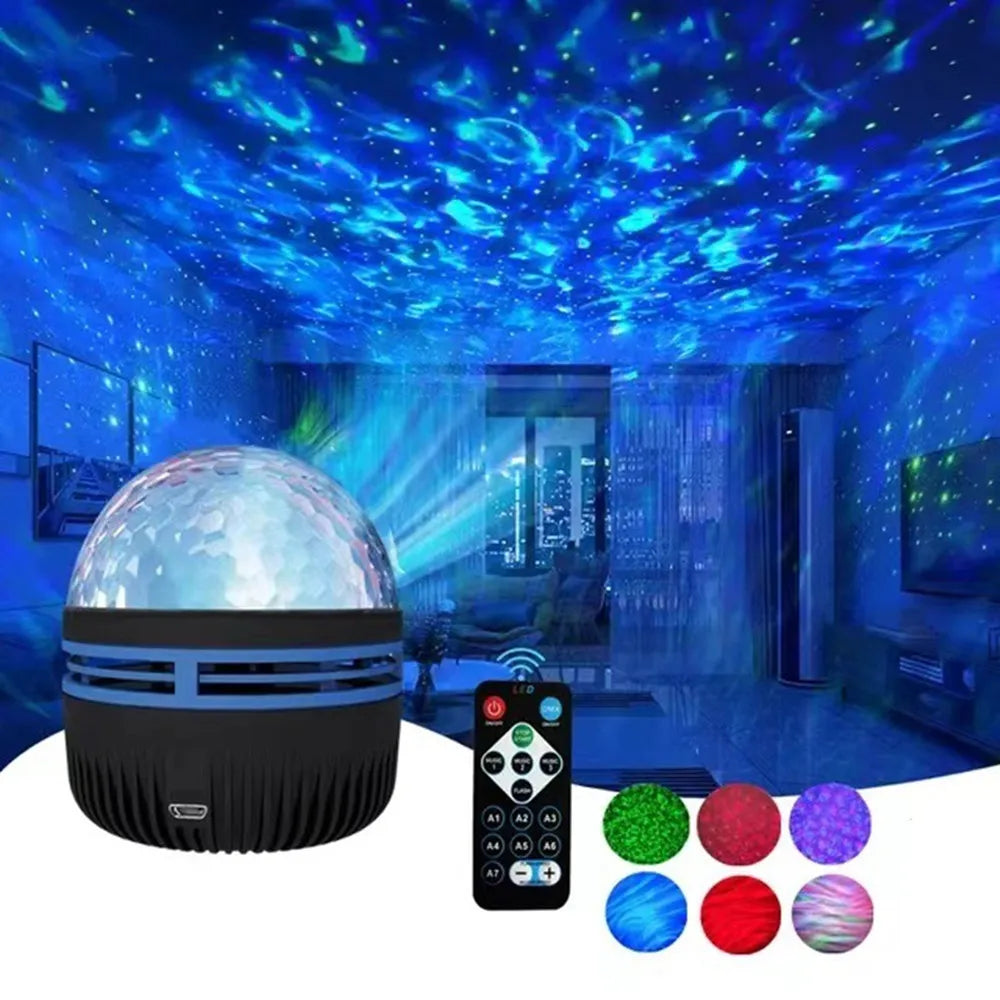 LED Water Ripple Projector Light – 7-Color Rotating Ambient Lamp with Remote